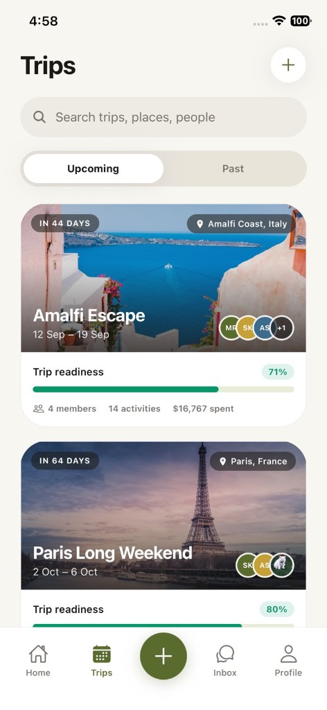 Trips list showing Amalfi Escape and Paris Long Weekend